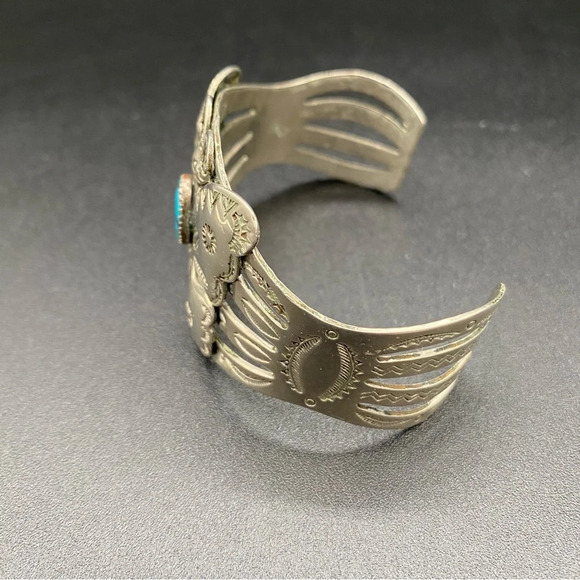 Vintage Southwest Style Silver Butterfly and Turquoise Wide Cuff Bracelet - Picture 6 of 12
